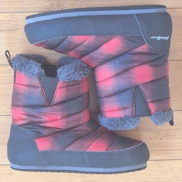 Eddie Bauer Red & Black Plaid Sherpa Lined Thermal Camp Boot Mid Calf Quilted 7 - Picture 4 of 16
